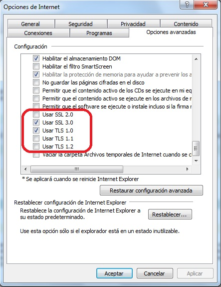 Pantalla protocolos deshabilitados