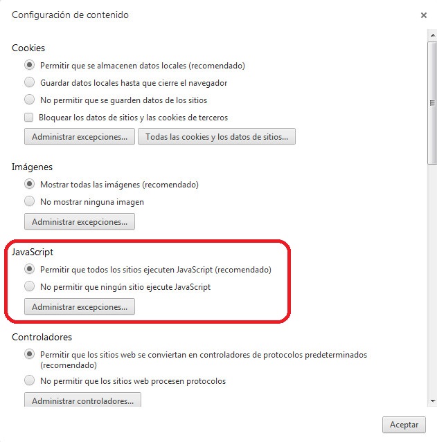 Pantalla Configuración de contenido habilitado JavaScript