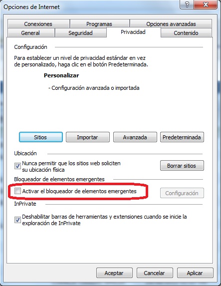 Pantalla Opciones de Internet Deshabilitado Elementos emergentes