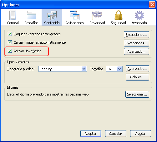 Pantalla Opciones activado JavaScript