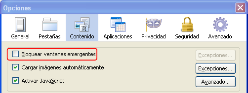 Pantalla Opciones deshabilitado Bloquear ventanas emergentes