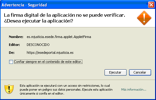 Mensaje de advertencia sobre verificación de firma