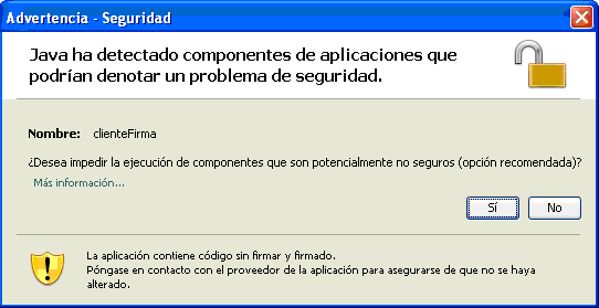 Advertencia sobre componentes java inseguros