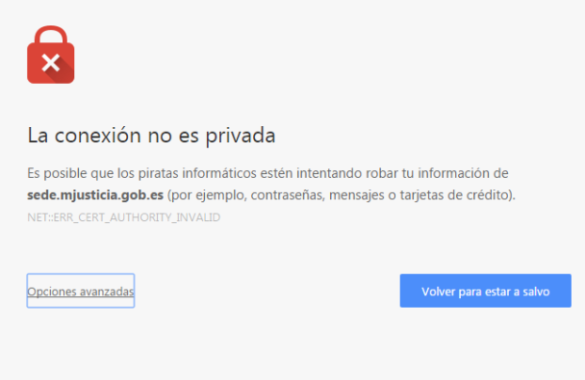 Aviso de seguridad en el navegador Google Chrome