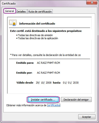 Ventana de descarga desde la Pantalla General y botón de instalar certificado