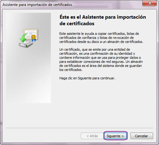 Ventana de Asistente para importación de certificados