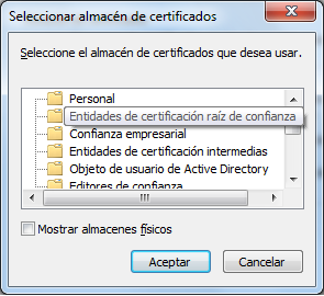 Ventana de selección de almacén de certificados