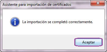 Ventana de aviso de que la importación se completó correctamente