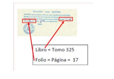 Ejemplo de datos señalados del Tomo y de la Página del Registro Civil Central